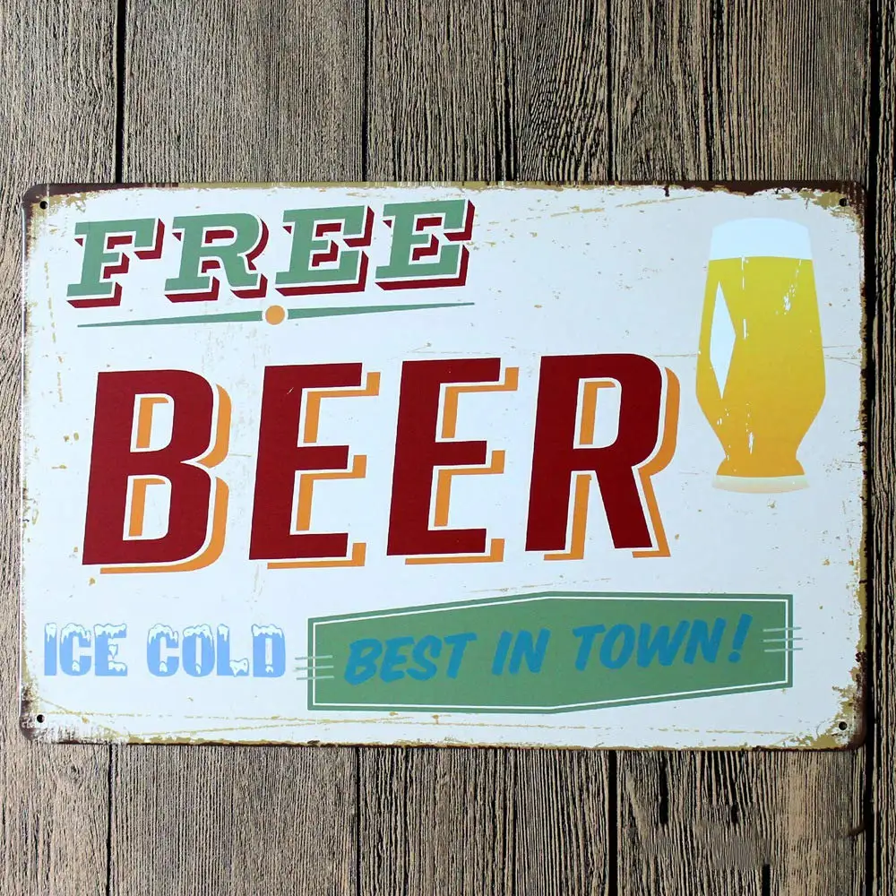 White  Retro Design Ice Cold Free Beer Tin Metal Signs Wall Art | Rear Tinplate Print Poster Wall Decoration for Bar/Kitchen