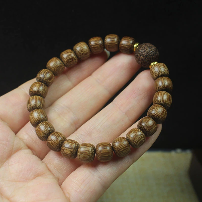 

8mm Old-Style Agarwood Bead Bracelet with Carved Patterns, Wooden DIY Unisex Buddhist Prayer Beads