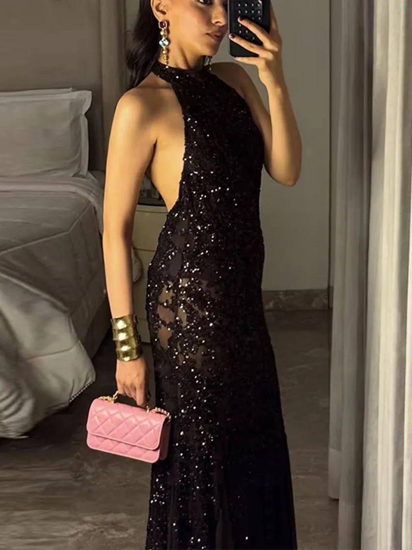 

Новое Вечернее Платье 2026 Весна: Сексуальное Прозрачное Длинное Платье с Пайетками, Открытой Спиной, Облегающее, Без Рукавов, с Воланами, для Вечеринок