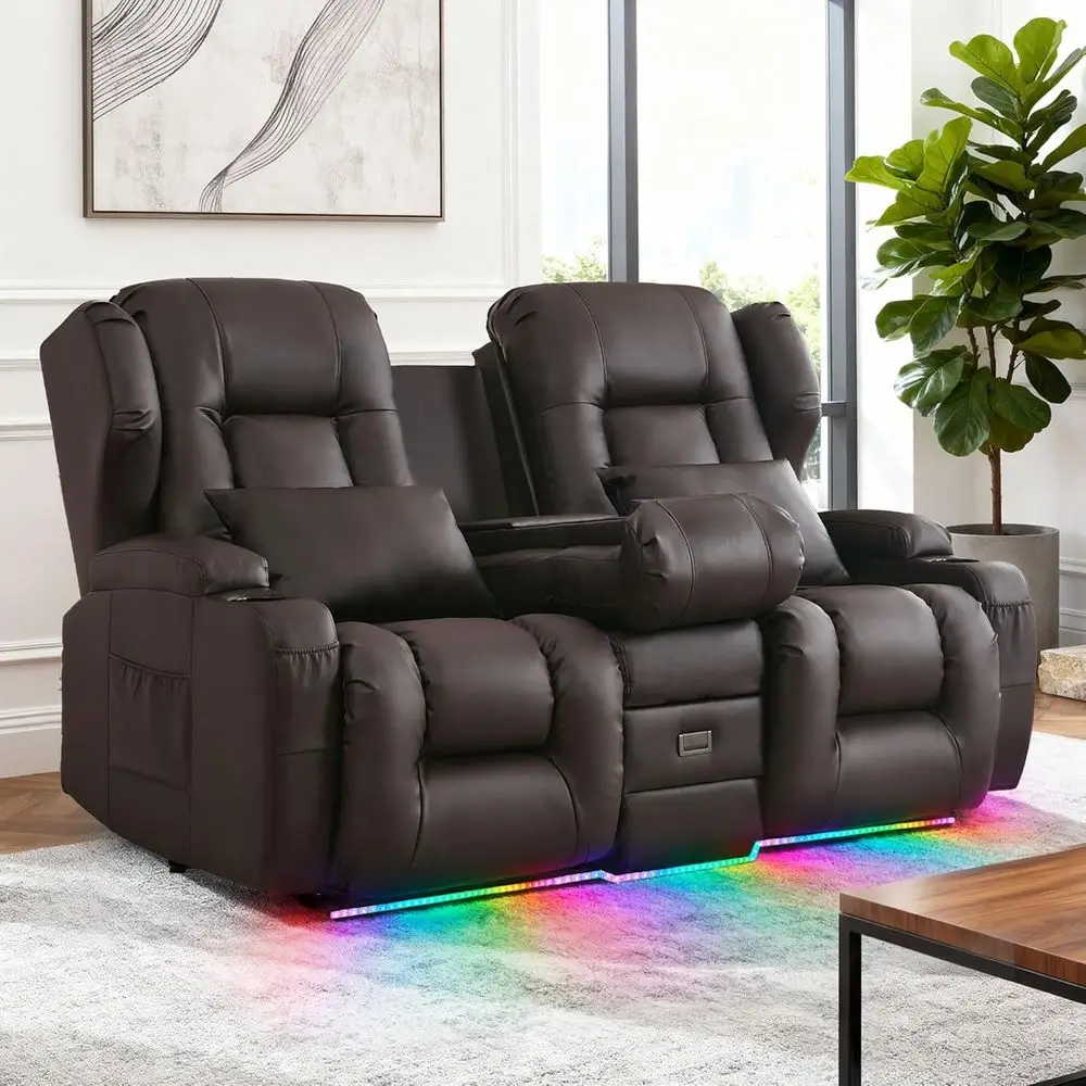 

Reclining Sofa with USB Ports, Power Outlets & Cup Holders, Brown Leather for RV, Living Room & Home Theater