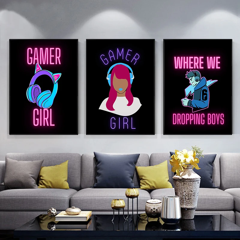 Neon Game Gaming Wall Art Poster Gamer Girl Painting Canvas Prints Pictures for Kids Boys Playroom Decor No Frame