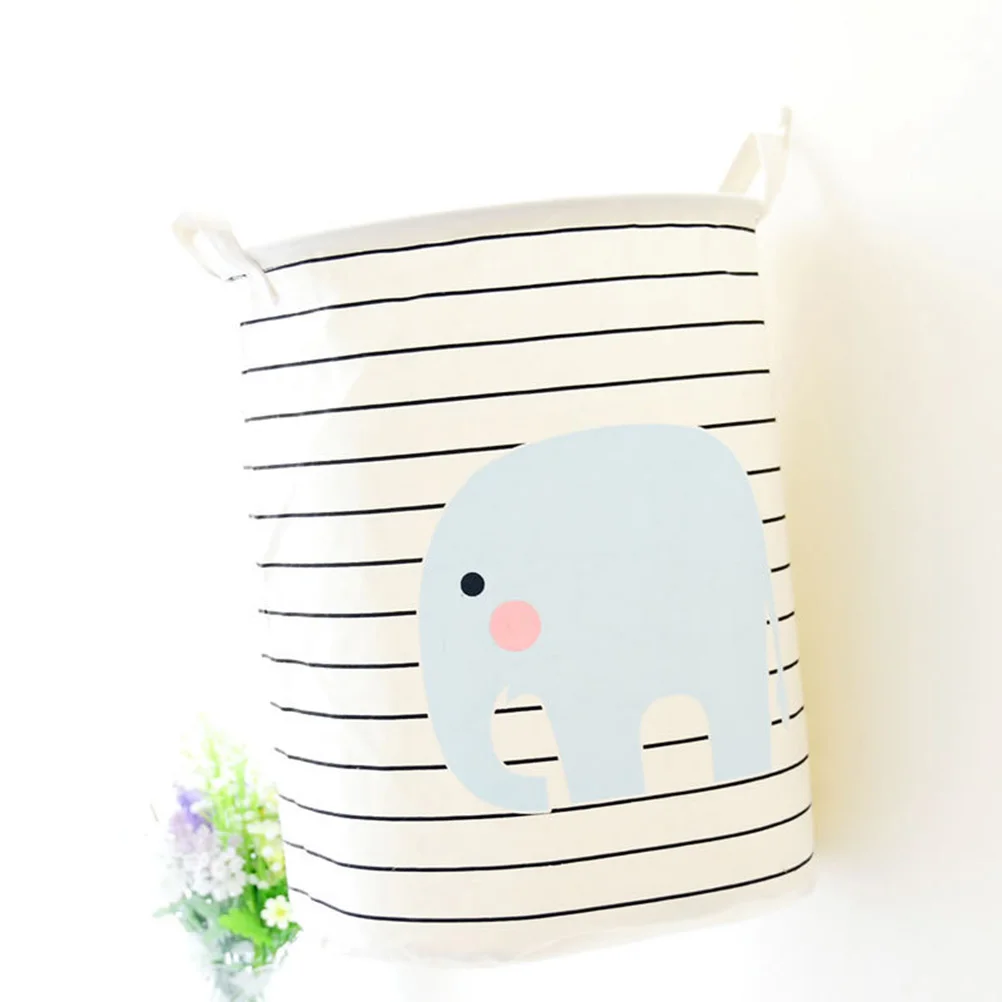 

Foldable Laundry Striped Elephant Print Cotton Linen Storage Basket Household Clothes Organizer Large Capacity Reusable Washing