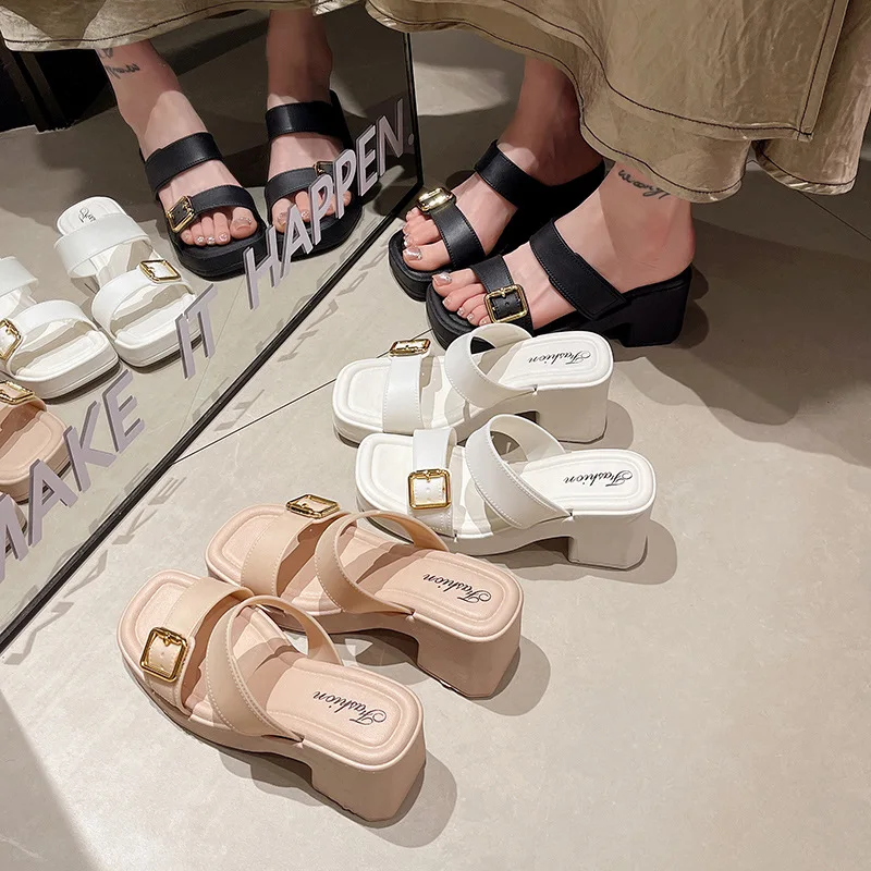 

Women's Slide Sandals - Soft Elastic Straps Chunky Platform Heel for Daily Comfort, Non-Slip Casual Footwear for Outdoor Walking