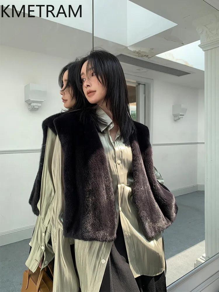 KMETRAM Natural Velvet Mink Fur Vest Women V-Neck Short Fur Coats 52cm Sleeveless Winter Real Fur Coat Woman Clothing 2026 шуба