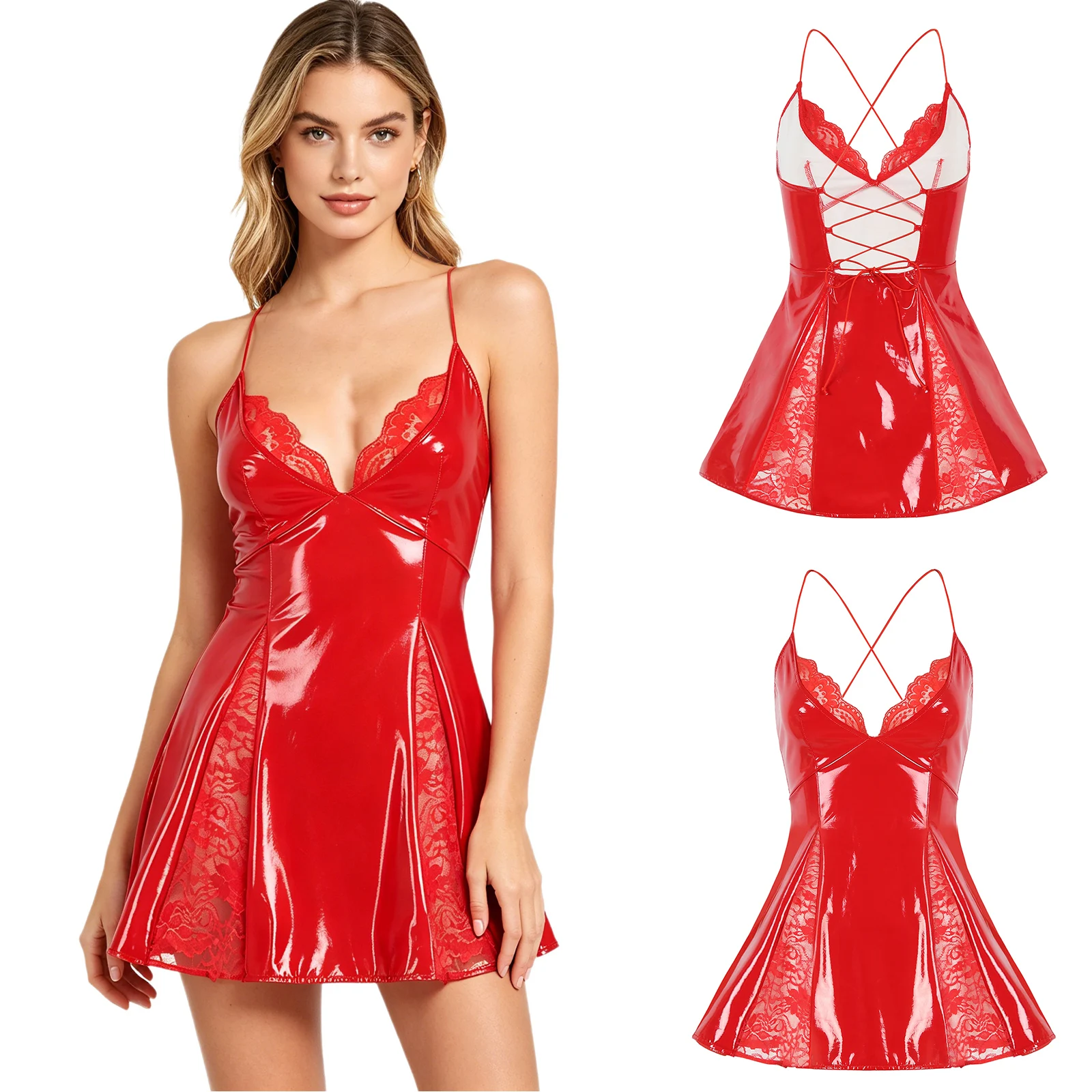 Damen Wet-Look PU-Lederkleid mit Transparenter Blumenspitze V-Ausschnitt Plissierter A-Linien-Saum Rücken-Schnürung Nachtkleid Clubwear Pole Dance