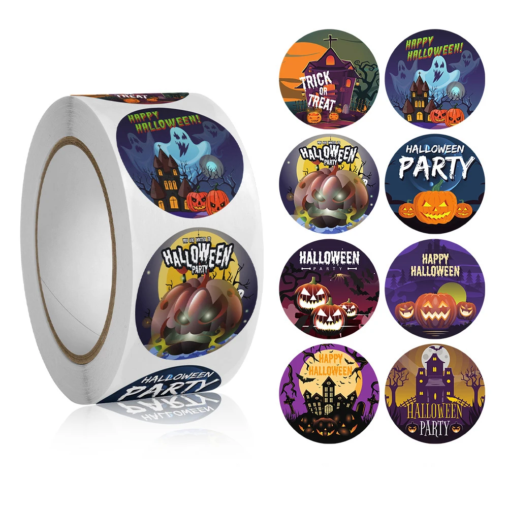 สติกเกอร์ฮาโลวีนสุขสันต์วันฮาโลวีนสติกเกอร์กระดาษลายฟักทองตลกสำหรับเป็นของขวัญกระเป๋าใส่ของฉลากปิดผนึกของตกแต่งงานฮาโลวีน500ชิ้น