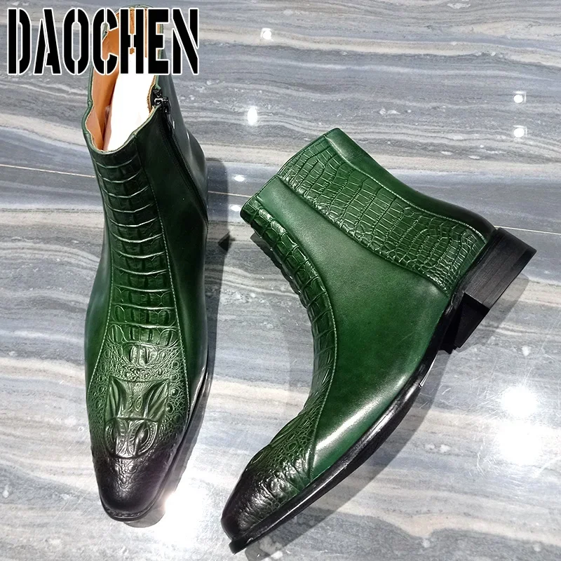 Luxury Men Ankle Boots Shoes Black Green Crocodile Print Zipper Casual Men Dress Shoes Genuine Leather Chelsea Boots Men