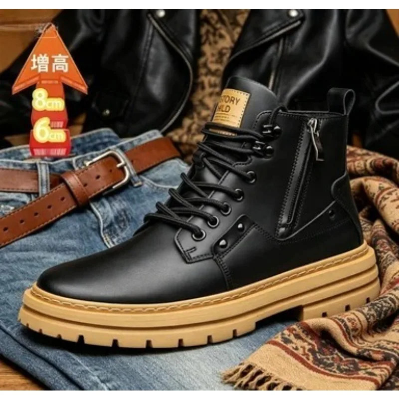 

Men's Elevator Shoes 8 Cm 6cm High-top Retro British Casual Style Internal with Thick Soles Invisible Height-increasing Shoes