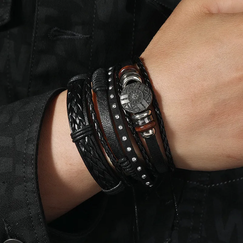 ZORCVENS Braided Wrap Leather Bracelet for Men, Vintage, Punk, Fashion, Male Bracelets, Bangles, Wristband, 3Pcs/Set