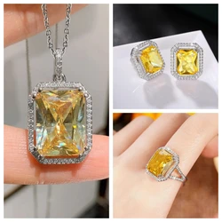 2026 Geometric Yellow Cubic Zirconia Pendant Women's Necklace+Earrings+Ring Fashion Luxury Engagement Bridal Jewelry Set