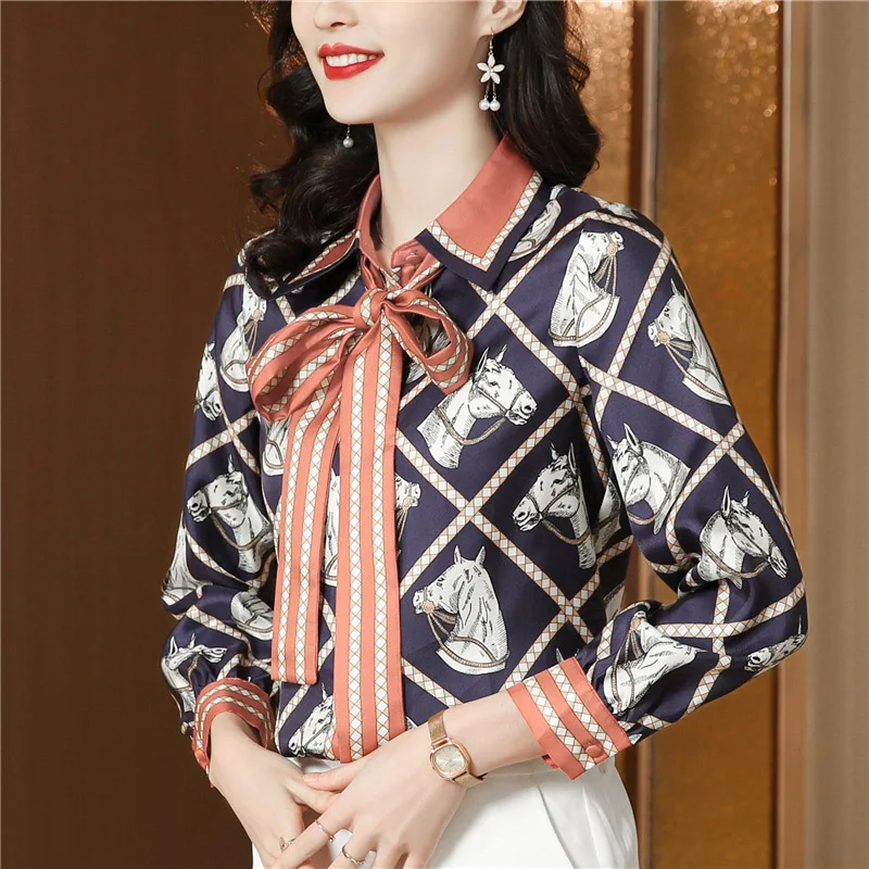 Women\'s Fashion Baroque Shirts Chic Bow Tie Vintage Printed Loose Classic Elegant Blouse Spring Long Sleeve Temperament Tops