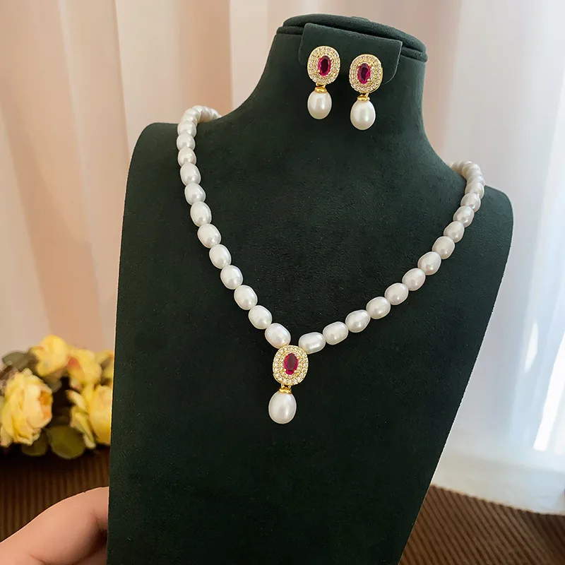 

Hot Sale Luxury Red Gemstone Pendant Natural Freshwater Pearl 14K Gold Filled Female Jewelry Set Women Necklace Earrings Gifts