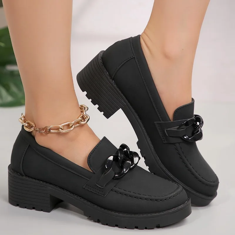 

New Spring/Autumn Women Loafers Round Toe Chunky Heel Shoes Sheep Suede Shoes for Women Retro Metal Buckle Platform Women Shoes