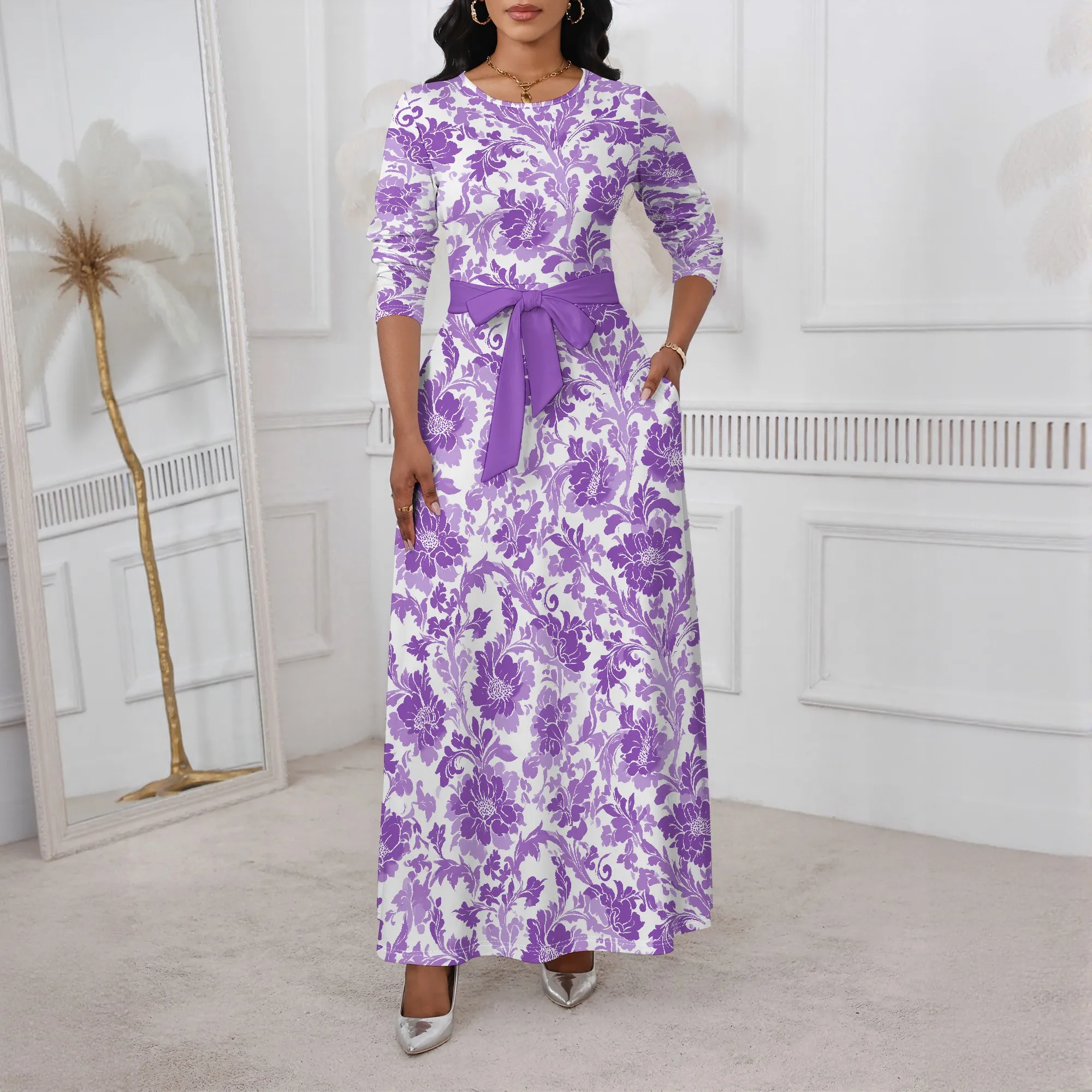 

Women's Purple Floral Long Sleeve Crew Neck Dress with Pockets Polyester A-Line Maxi Casual Fall Elegant