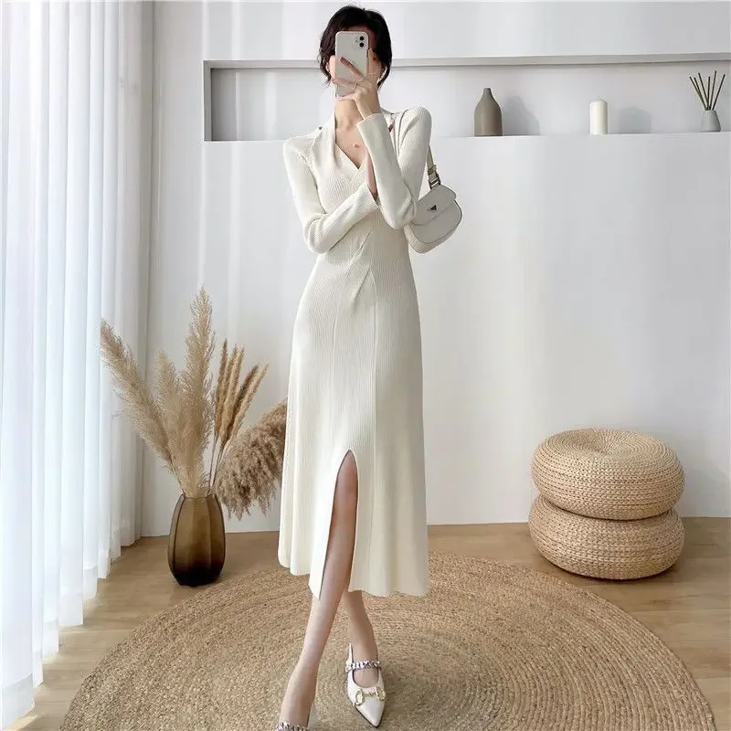 

New Women's Autumn Winter Design Sense Medium Long Dress Solid Color Sleeve Knitted Waist Shrink Sweater Bottom F87