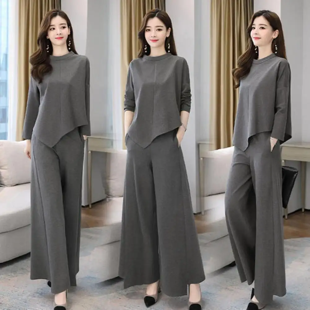 2 Pcs/Set Women Top Pants Suit Round Neck Long Sleeves Irregular Hem Blouse Wide Leg A-line Culottes Daily Wear Outfit Fall Spri