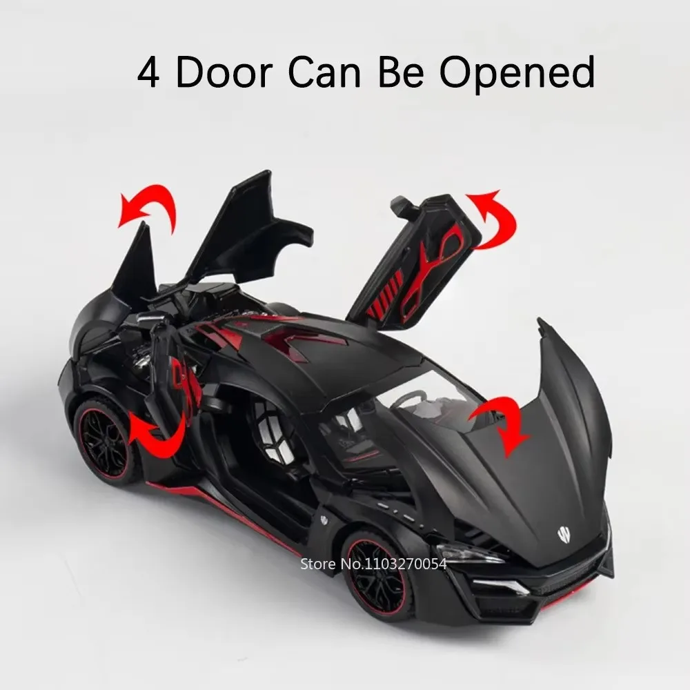 1:24 Scale Lykan Cobra Car Model Toy Music Light Pull Back Doors Opened High Simulation Cars Models Hobby Gifts for Boys