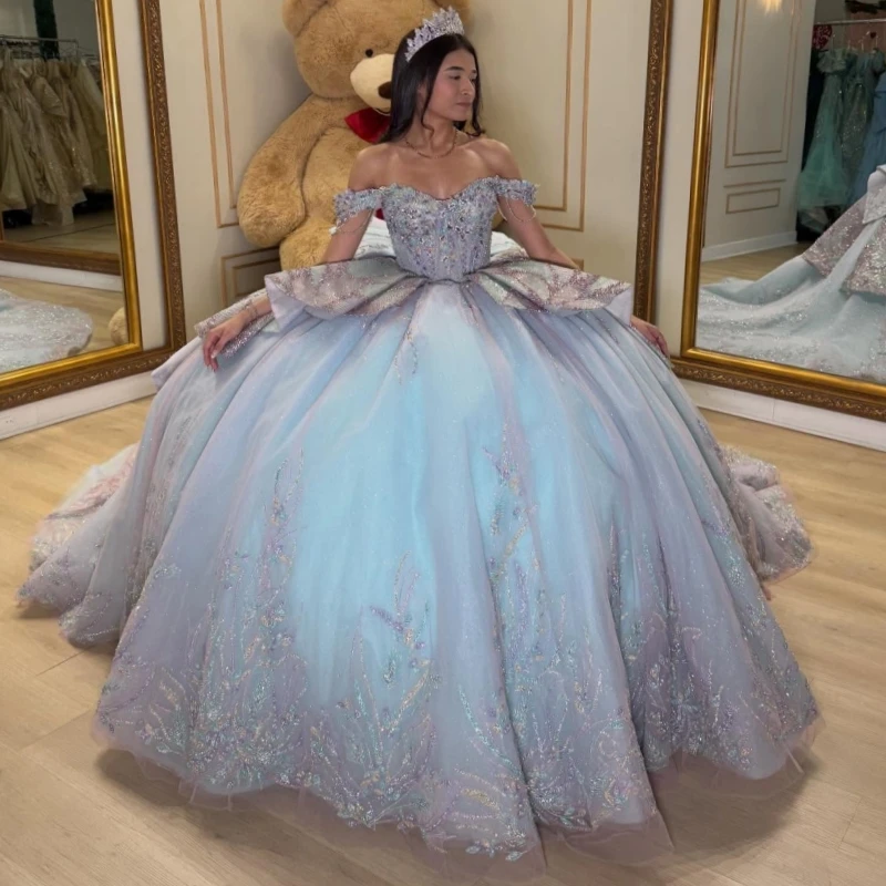 

Lilac Shiny Quinceanera Dresses Off The Shoulder Sequin Applique Lace Beads Sky Blue Linling Party Birthday Sweet 16 Dress Vesti