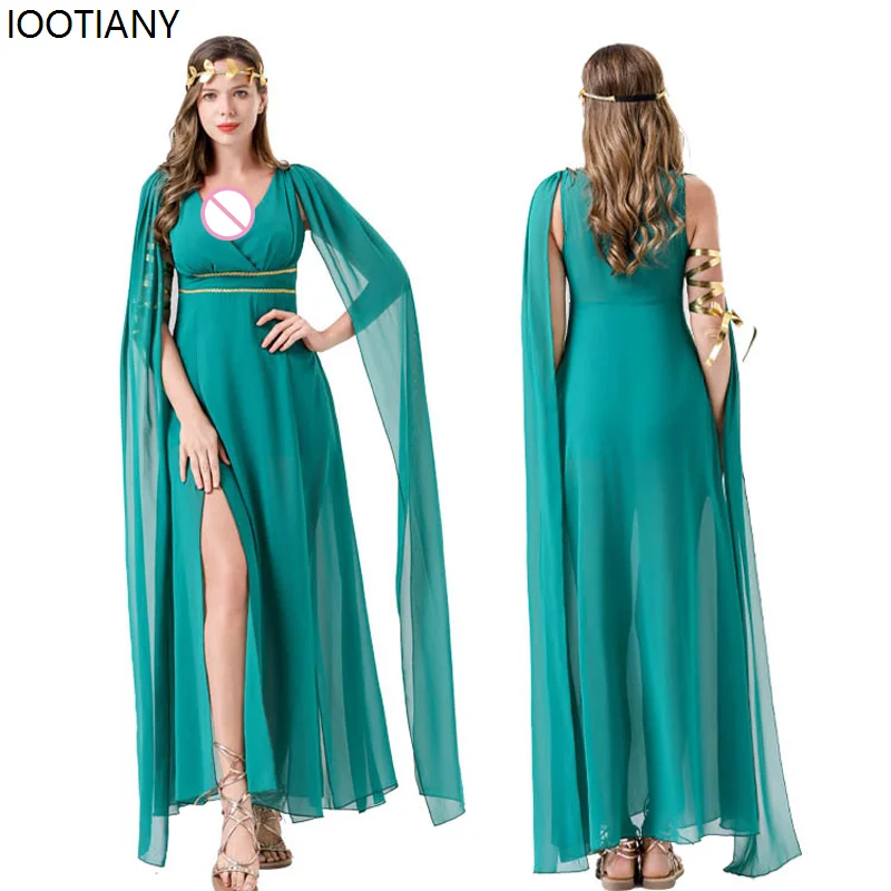 Sexy Greek Goddess Costume Roman Women's Green Blue Sky V-neck Slit Maxi Skirt Halloween Party Cosplay Cleopatra Ball Dress 2025