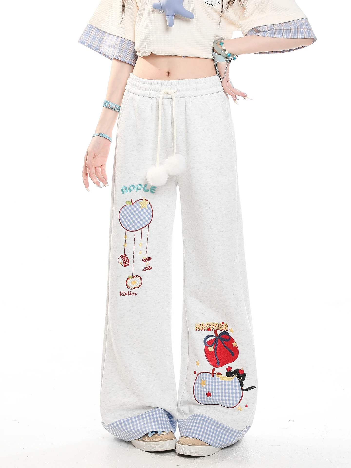 Korean Style Casual  Embroidery Straight Leg Pants Women Summer High Waist Slimming Versatile Super Beautiful Drapey Flo...