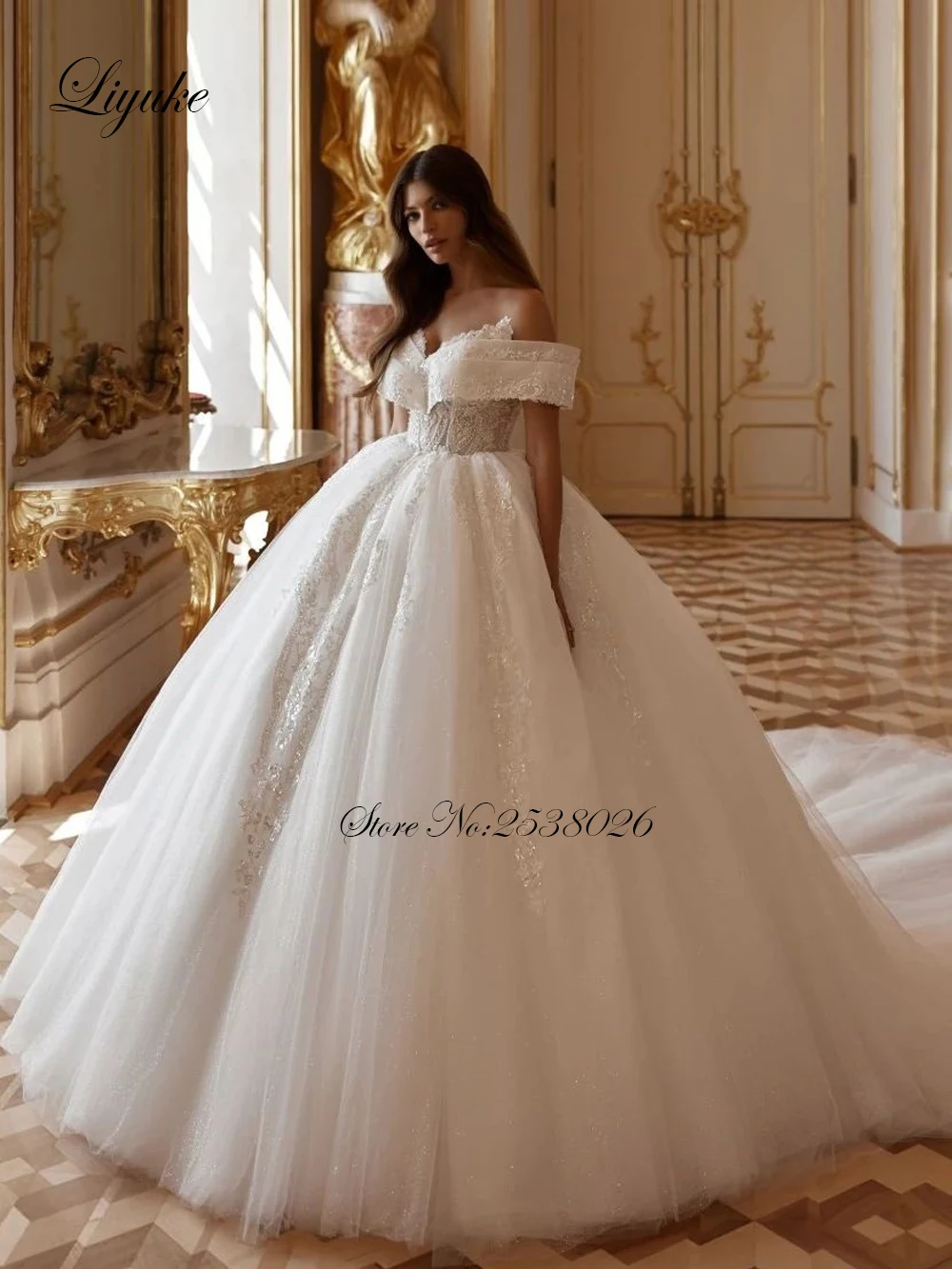 Liyuke Customize Made Luxury Off Shoulder Sleeves Ball Gown Princess Wedding Dress Stunning Appliques Lace Bridal Gowns Vestido