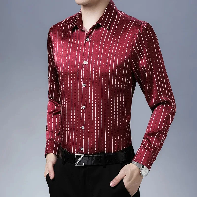 Spring Tcyeek Autumn 92.5% Mulberry Silk Shirt Casual Fashion Men Clothing Striped Long Sleeves Top Mens Shirts Ropa De Hombre