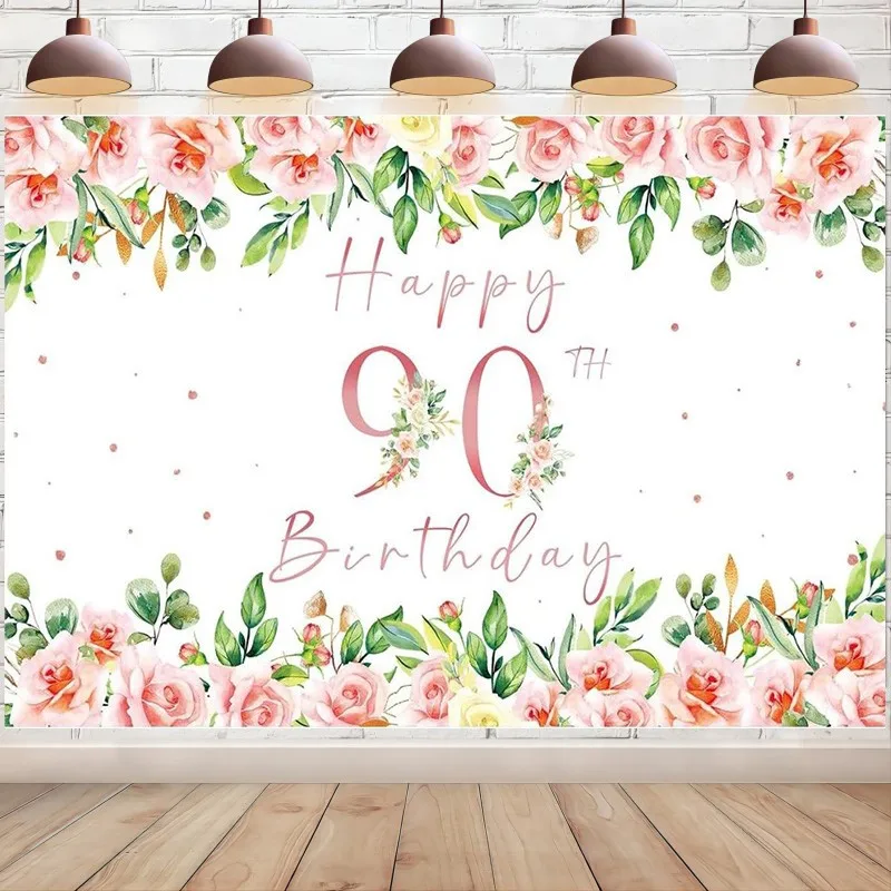 

Happy 90th Birthday Decorations Rose Gold Floral 90 Years Old Photography Background Banner Backdrop for Women Party Supplies