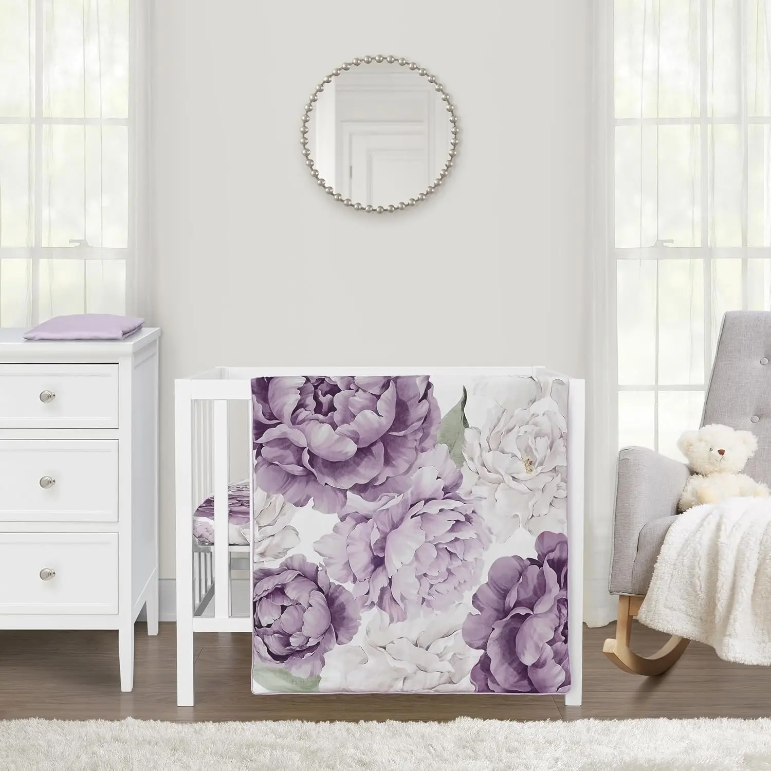 Lavender Floral Baby Mini Crib Bedding 3pc, Portable Nursery Sheets Blanket, Boho Vintage Watercolor, Customized
