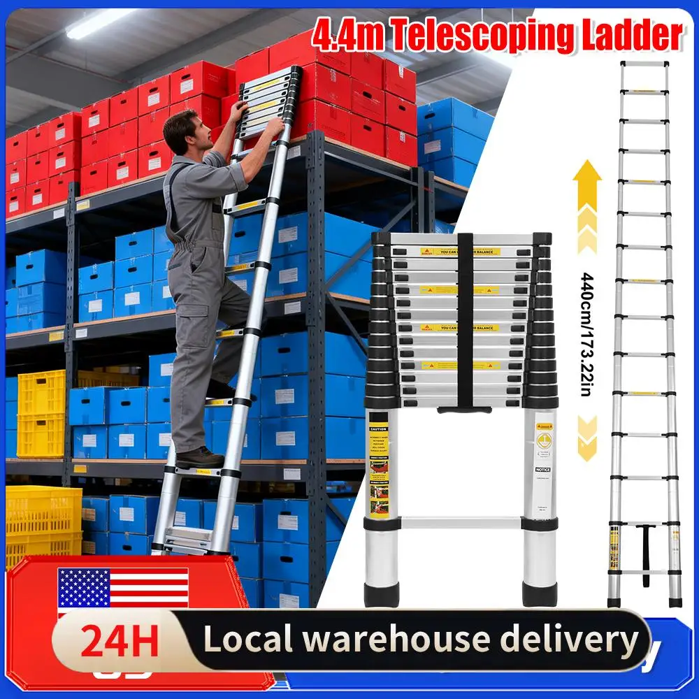 

4.4m Telescoping Single Ladder with 2 Triangle Stabilizers Anti-Slip Folding Ladder for Telecommunications Engineering Warehouse