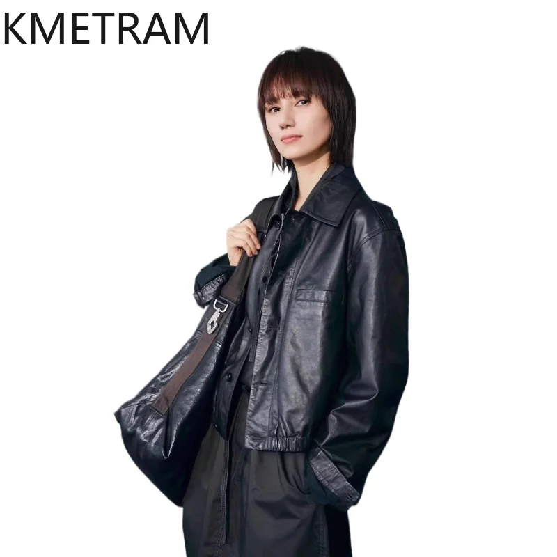 KMETRAM Real Sheepskin Leather Jacket Woman Short Semi-Tanned Light Waxed Leather Jackets Fashion Autumn Coat Women Clothes 2026