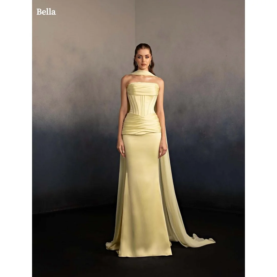 

Индивидуальное платье для выпускного вечера Bella, сливочно-желтое, без бретелек, с корсетным лифом, из атласа, фасон «русалка», со съемным шлейфом, вечерние платья