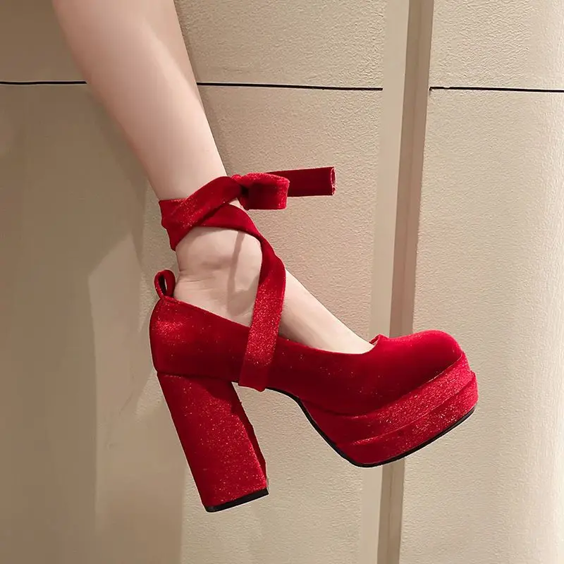 Designer Platform Women Mary Jane Shoes Ladies Fashion Cross-tied Thick High Heel Footwear Women's Elegant Dress Pumps Red Shoes