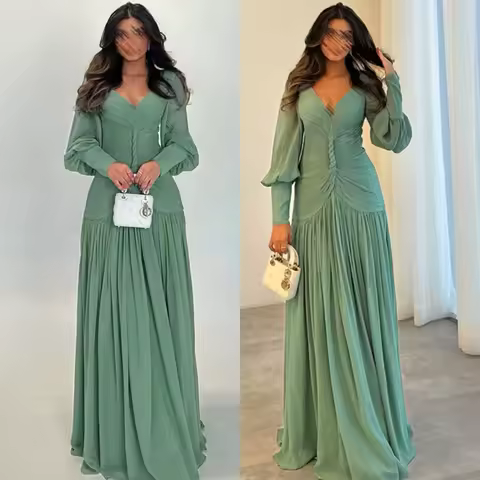 Customized Fashion Chiffon Straight Evening Dress Graceful Long Sleeves Prom Dresses Fashion Special Occasion Gowns