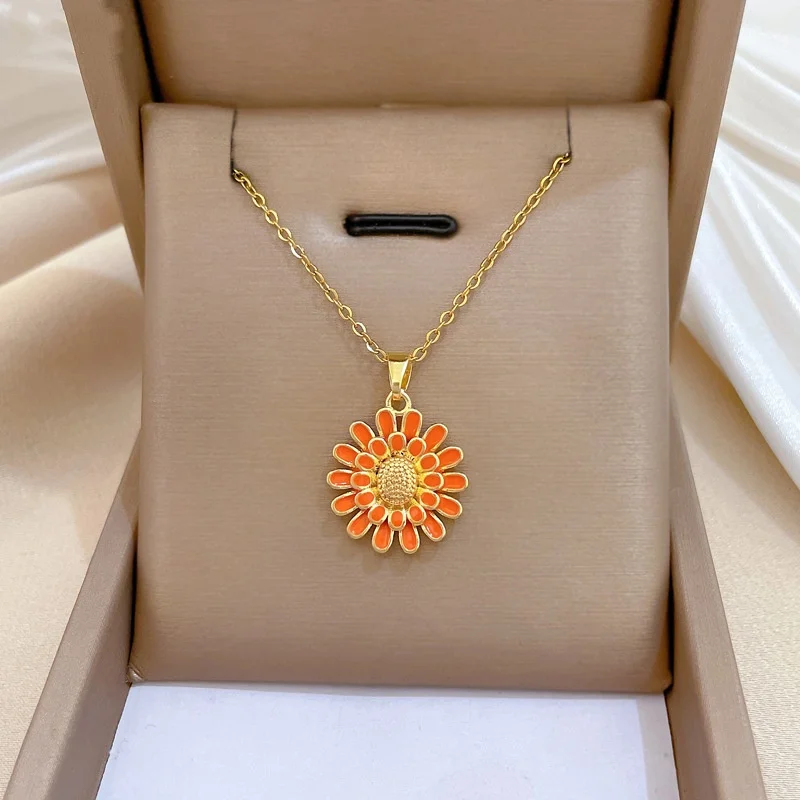Coranda Women's 18K Gold Plated Stainless Steel Sunflower Drip Oil Collarbone Chain Necklace Jewelry Gift