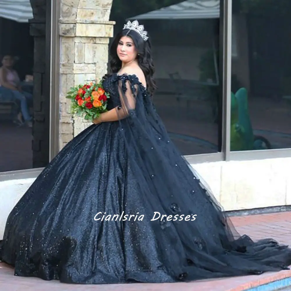 Đen Pha Lê Lấp Lánh Plus Kích Thước Quinceanera Đầm Bầu Lệch Vai 3D Hoa Dây Chéo Vestidos De XV Anos