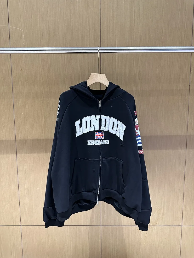 25S Washed Deconstructed London Embroidered Patchwork Zip-Up Hoodie Unisex Streetwear  Oversized Jacket Fashion Brand