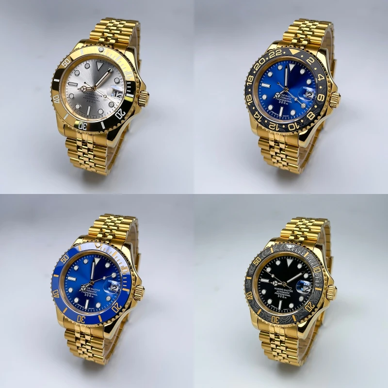 No Logo Gold China NH35 Automatic Watch 40mm YM Two-Way Ceramic Bezel Sapphire Window Jubilee Steel Band Date Luminous Hands