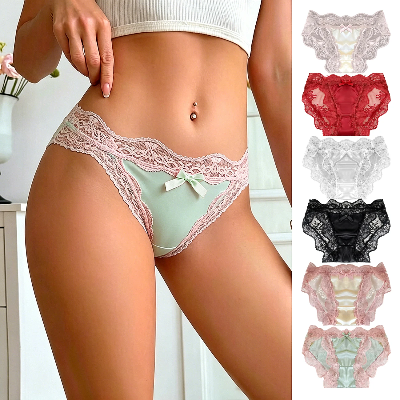 6PCS  Women's Satin Sexy Lace Panties French-Style Pure Desire Net Gauze Breathable Triangle Pants Bow Tie Low-Rise Panties