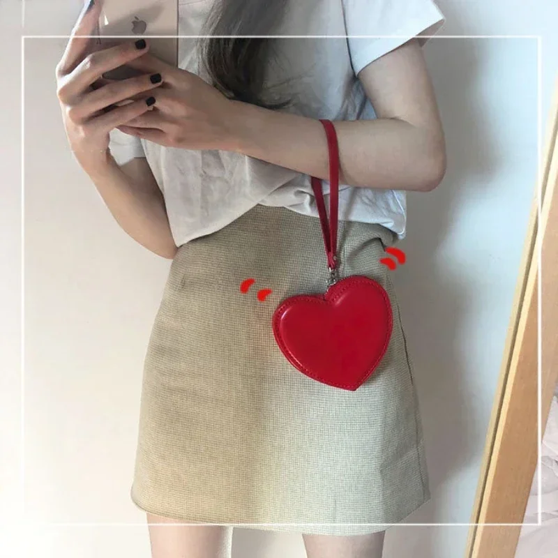 Mini Coin Purses Red Heart Shaped Wallet Fashion Women Money Purse Long Wristlet Bag Case Ladies Shopping Clutch Pouch Leather