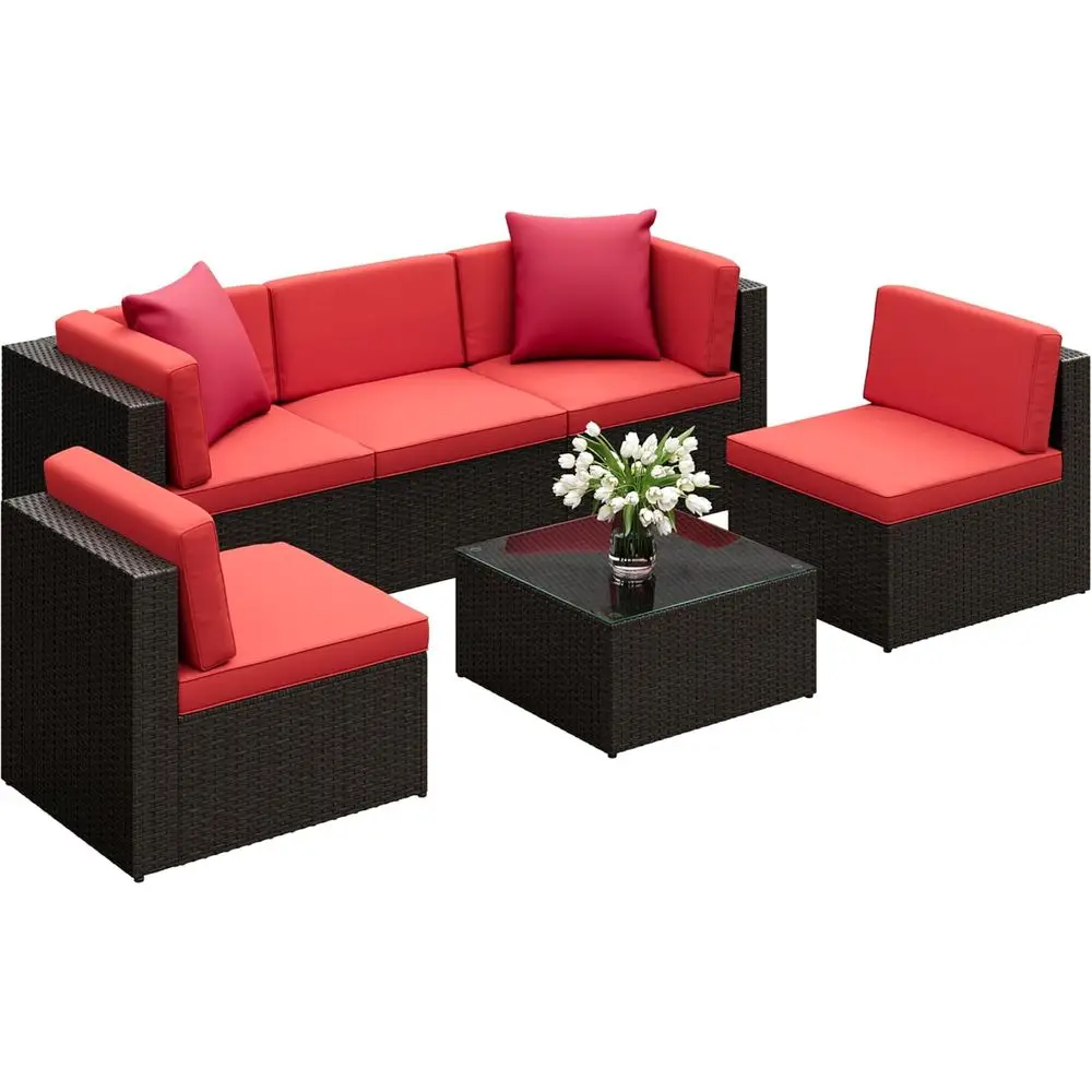 

Red 6-Piece Outdoor Patio Sectional Set with PE Rattan Sofa, Couch, and Glass Coffee Table for Backyard, Garden, Poolside