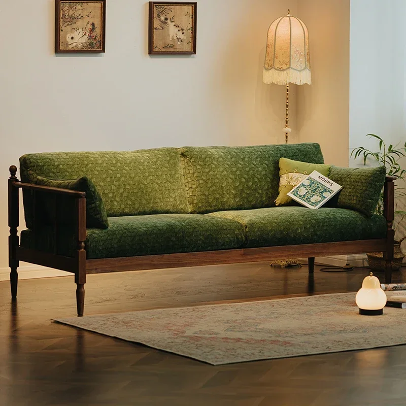 Sofá retro de madera maciza para tres personas, tela verde, nogal negro, muebles pequeños para sala de estar y apartamento