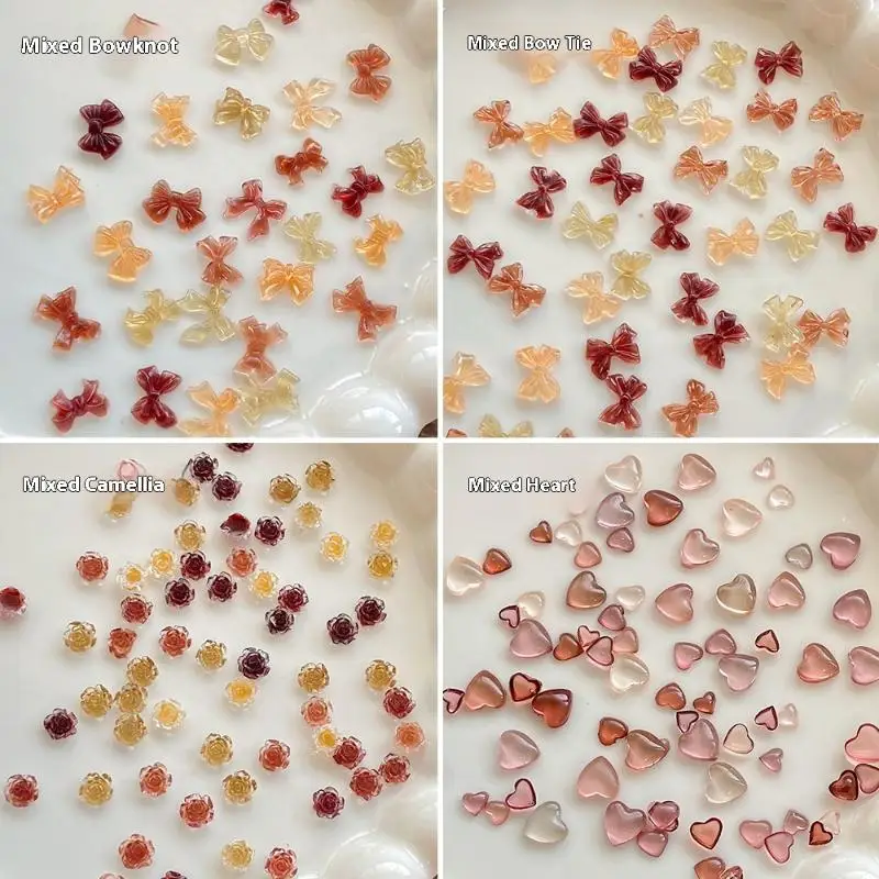 50pcs Nail Charms Mixed Butterfly Bow Camellia Heart Nail Decoration Autumn Style For Manicure DIY Material