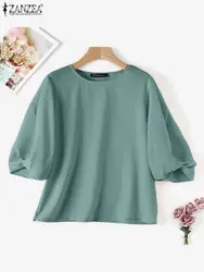 ZANZEA Women Elegant Puff Sleeve Blouses Leisure Daily O Neck Solid Color Blusas Mujer Korean Fashion Casual Plain Shirt Tops