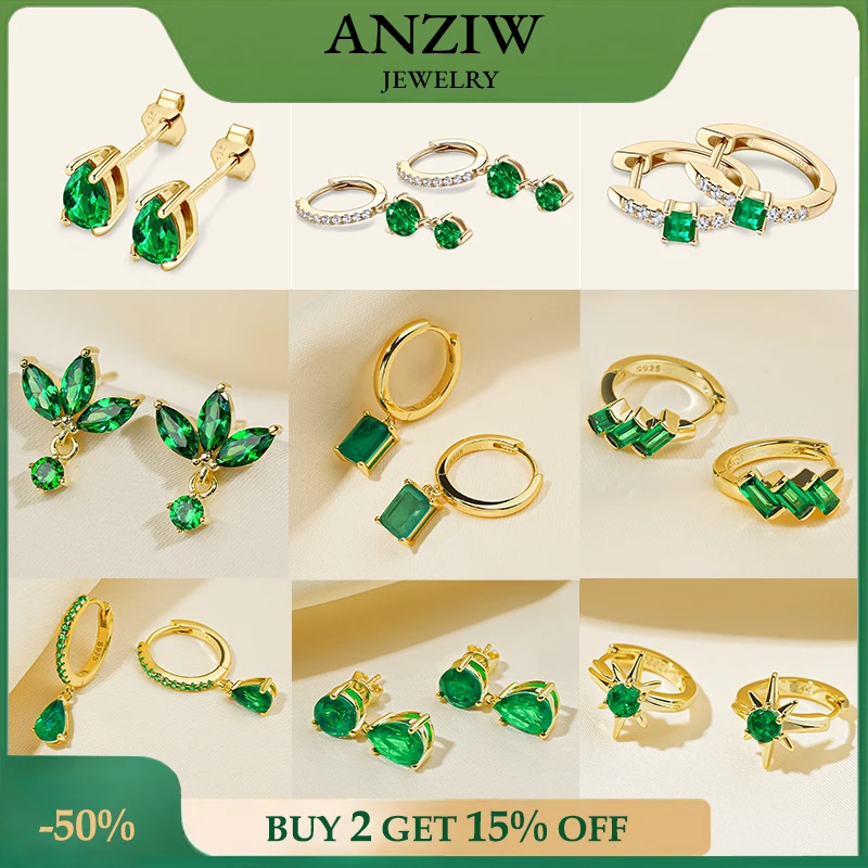 

Emerald Cut Gemstone Drop Hoop Earrings for Women 925 Sterling Silver 14K Gold Plated Green Marqusie Round Cut CZ Stud Earrings