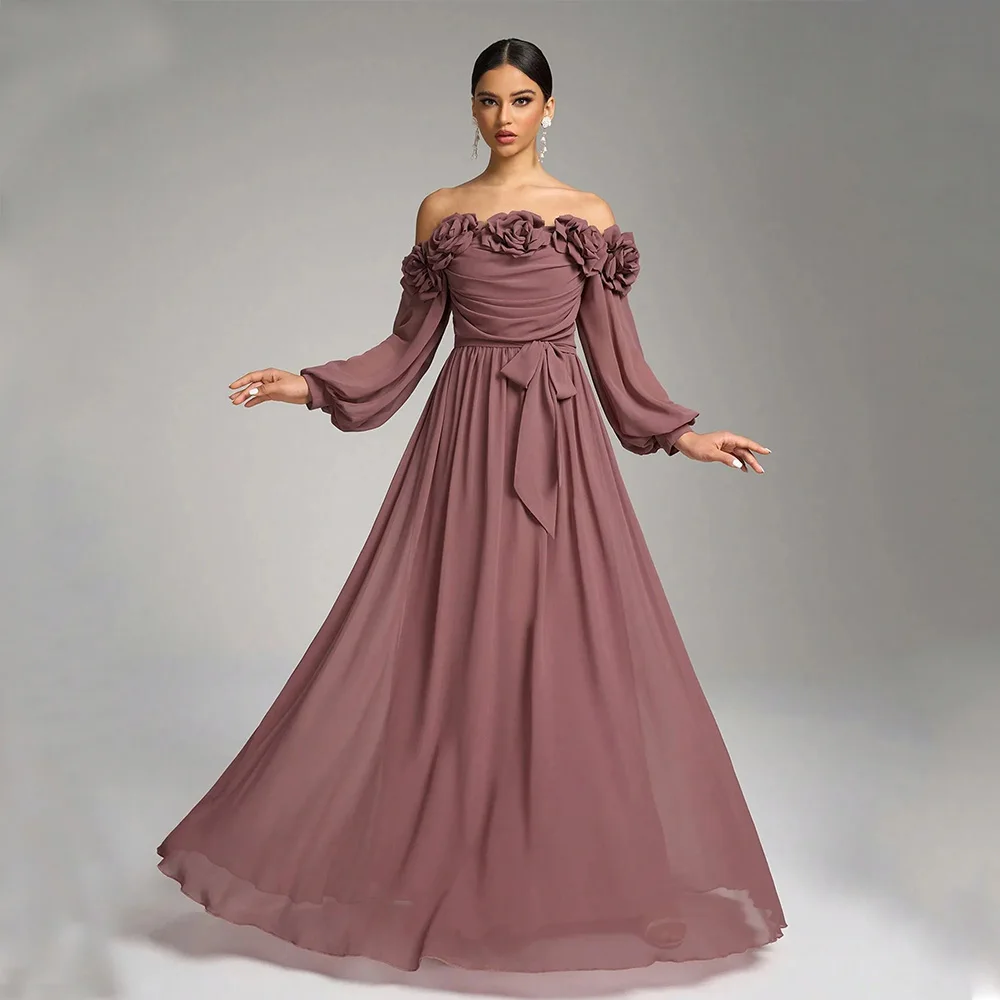 

DRESS FORU Classic Brown Evening Dress Chiffon for Floor-Length One Word Collar Prom Party Flower Abiti Da Sposa Customized