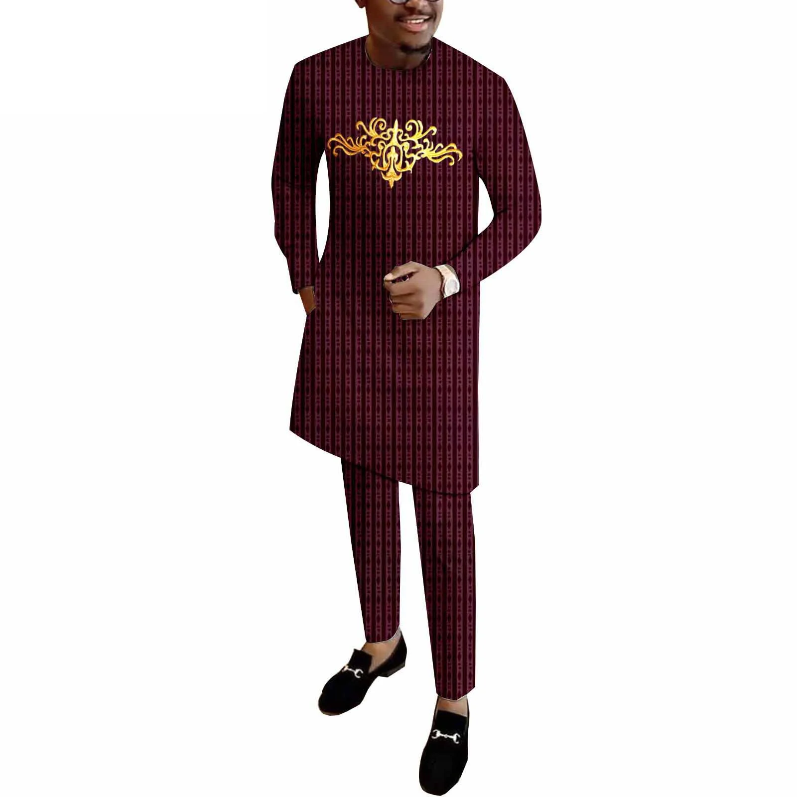 

African Clothes Tracksuit Outfits Slim Fit Wedding African Suits for Men Embroidered Shirts and Ankara Pants 2 Piece Set Suit