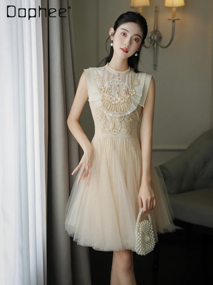 Vestido tutú de malla sin mangas de alta gama para mujer, minivestido ajustado a la moda con bordado elegante, vestidos de noche para fiesta de cumpleaños