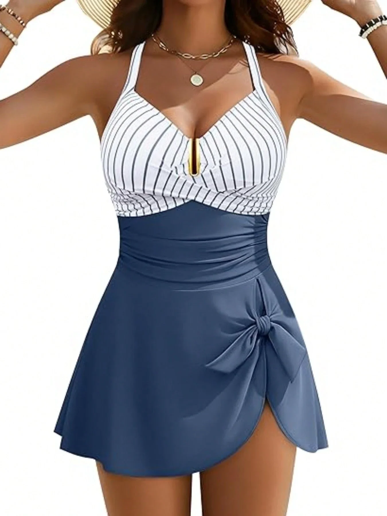 

Женское купальное платье с эффектом утяжки живота, в полоску, с драпировкой и пуш-ап эффектом, повседневная пляжная одежда