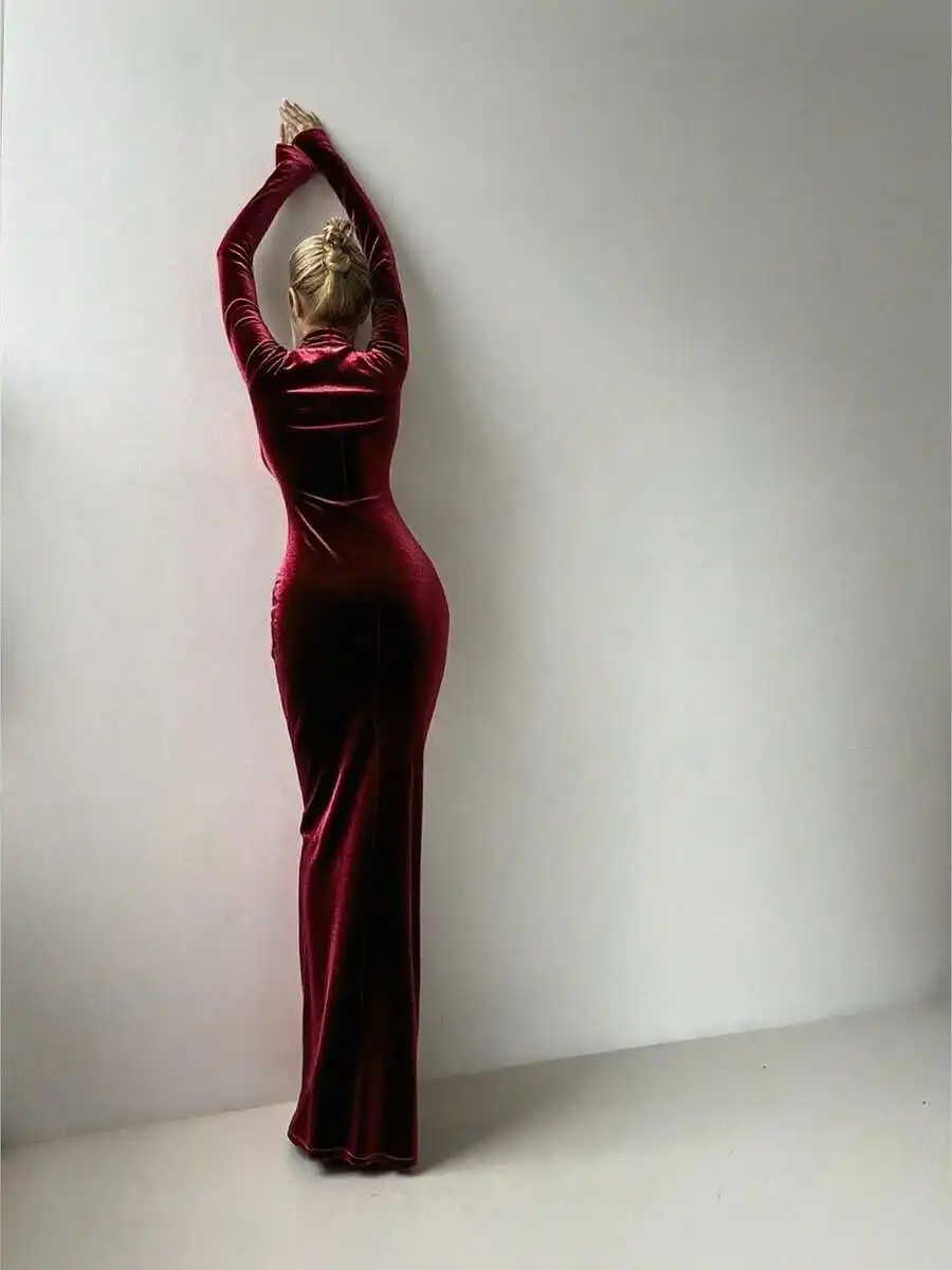 

Womens Velvet Stand Collar Long Dress For Prom Party Formal Occasion