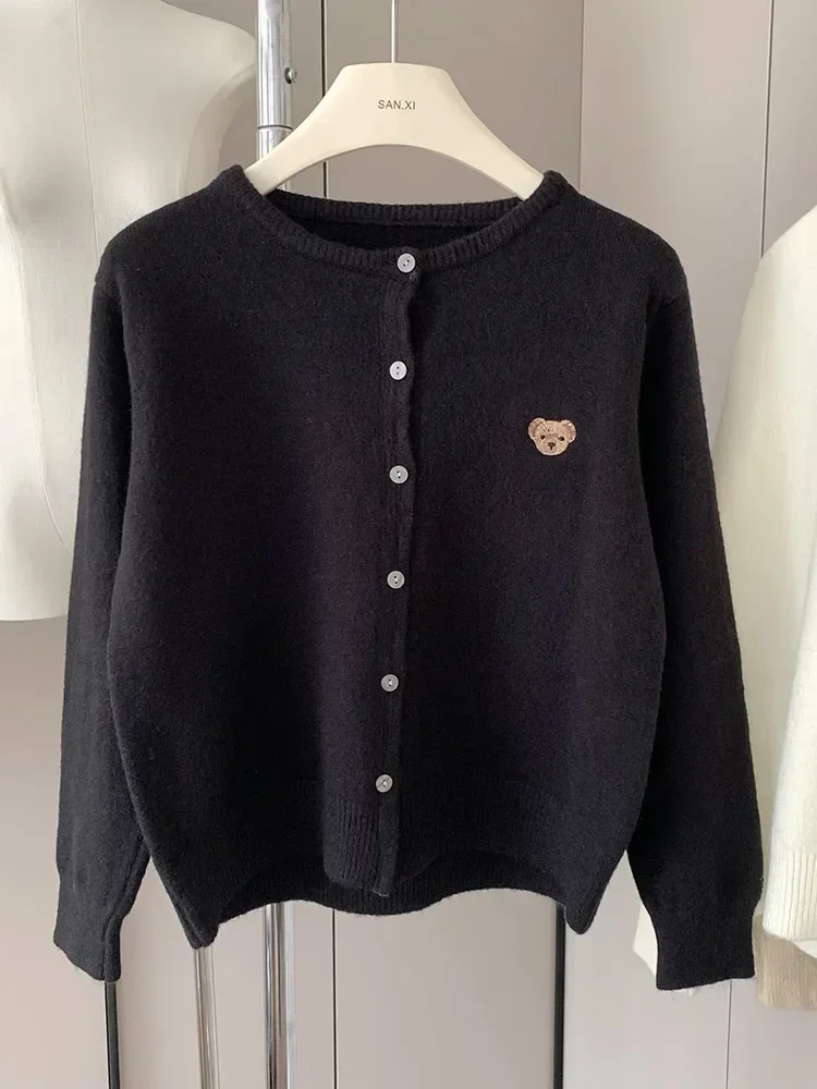 Pull en tricot à col rond, doux dessin animé brodé, hauts décontractés, mode japonaise, Cardigan à simple boutonnage, Harajuku